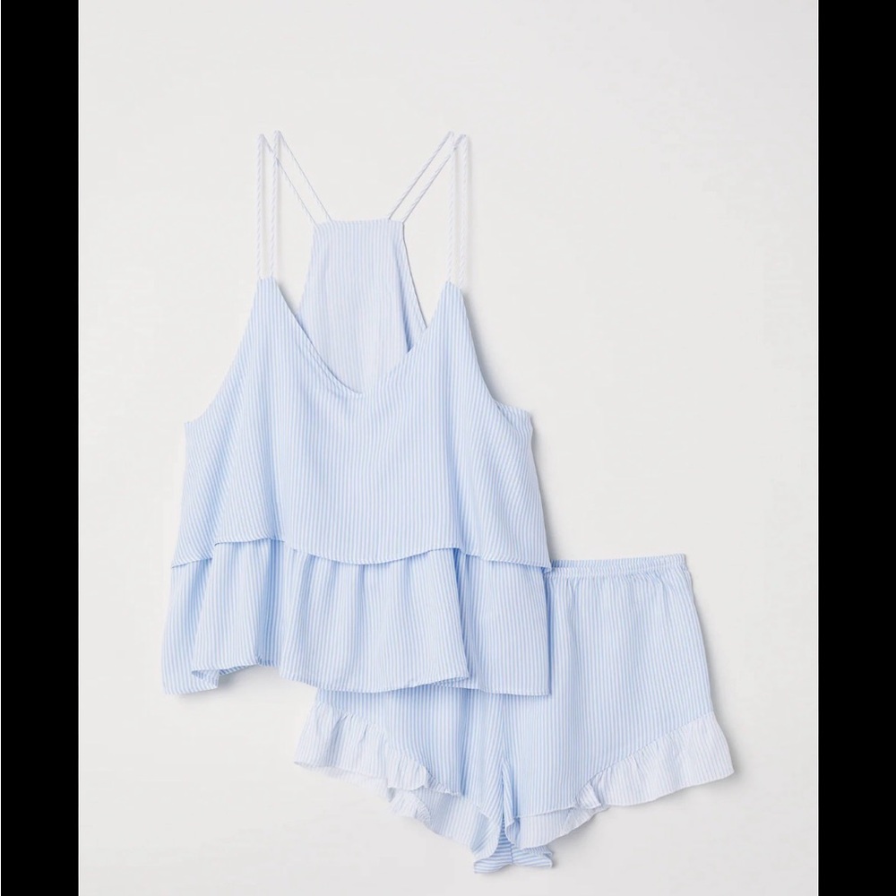 H&M Light Blue Striped Ruffle Cami & Shorts Sleep Set